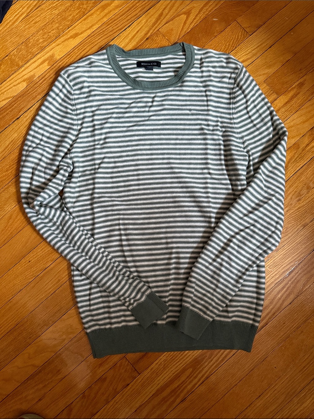 RW&CO. Olive and White Striped Crewneck Sweater